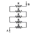 पाँच प्रतिरोध चित्रनुसार जुड़े है, तो बिन्दु (A) व (B) के मध्य तुल्य प्रतिरोध होगा