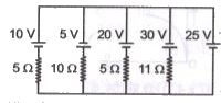 प्रदर्शित परिपथ में, 25V के सेल से प्रवाहित धारा है-