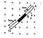 10 cm लम्बी छड़,चालक तथा अचालक पदार्थो से बनाई जाती है (छायांकित भाग अचालक है) । छड़ O बिन्दु के परितः नियत कोणीय वेग 10rad/sec से नियत चुम्बकीय क्षत्र 2 टेसला में चित्रानुसार घूर्णन कर रही है। छड़ के A व B बिन्दुओं के बीच विभवान्तर होगा।