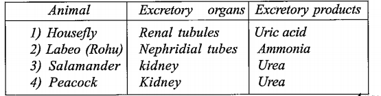 Select the option which shows correct matching of animal with excretory organs and excretory products: