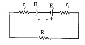 Two cells of emf E1 and E2 are joined in opposition (such that E1>E2). If r1 and r2 be the internal resistances and R be the external resistance, then the terminal potential difference is: