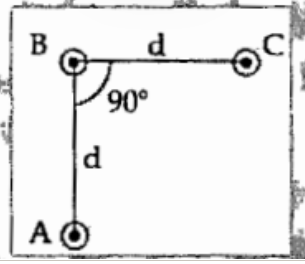 An arrangement of three parallel straight wires placed perpendicular to plane of paper carrying same current 'I' along the same direction is shown in Fig. magnitude of force per unit length on the middle wire 'B: is given by: