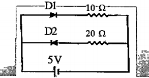 Two ideal diodes are connected to a battery as shown in the circuit .The current supplied by the battery is