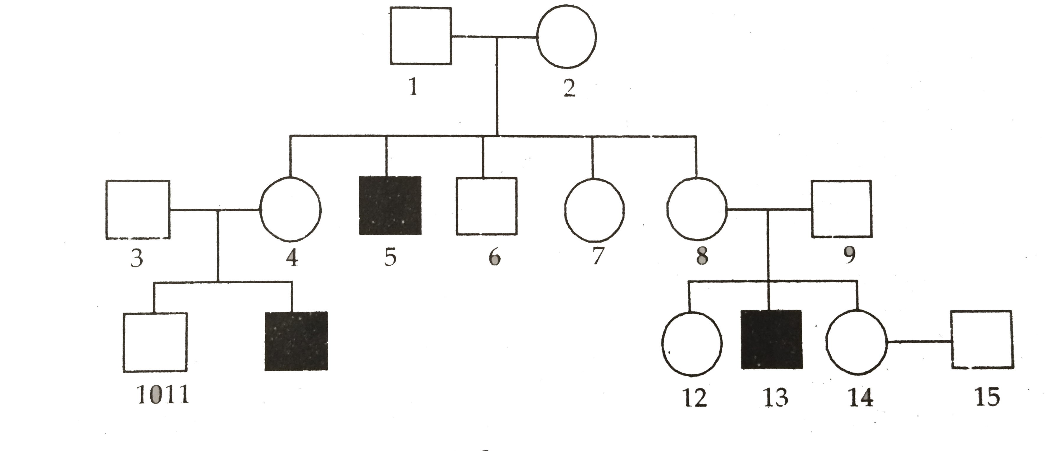 Haemophilia is a sex linked recessive disorder of humans. The pedigree chart given below shows the inheritance of haemophilia in one family. Study the pattern of inheritance and answer the questions given       Give all the possible genotypes of the members 4,5 and 6 in the pedigree chart.   (b) A blood test shows that the individual 14 is a carrier of haemophilia. The member numbered 15 has recently married the member numbered 14. What is the probability that their first child will be a haemophilic male? Show with the help of Punnett square.