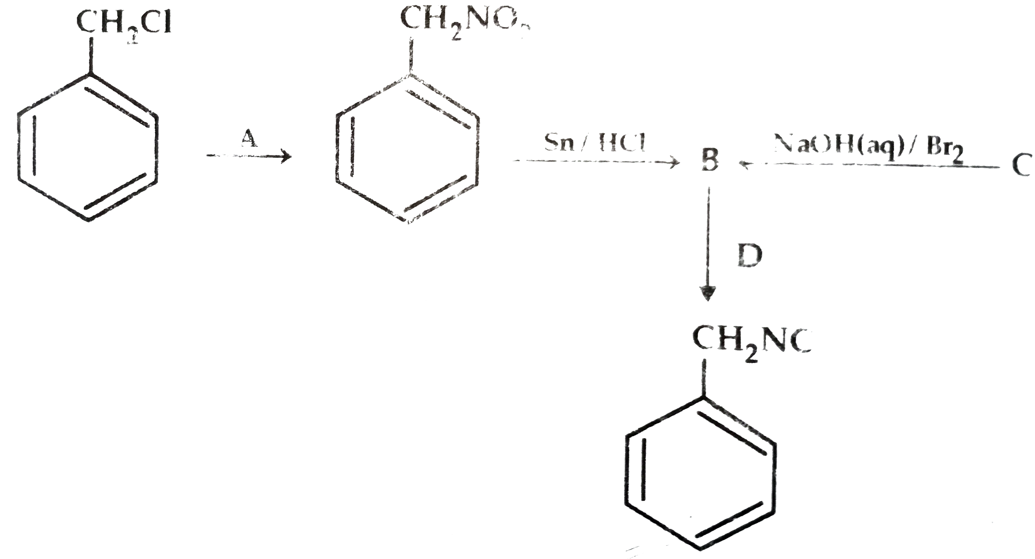 (a) Identify A-D   (b) Distinguish between the following pair of compounds :    (i) Aniline and Benzylamine.         (ii) Methylamine and Dimethylamine   (c) Complete the following :    CH(3)CH(2)CN overset(LiAIH(4))(to) A overset(0^(@)C//HNO(2))to B