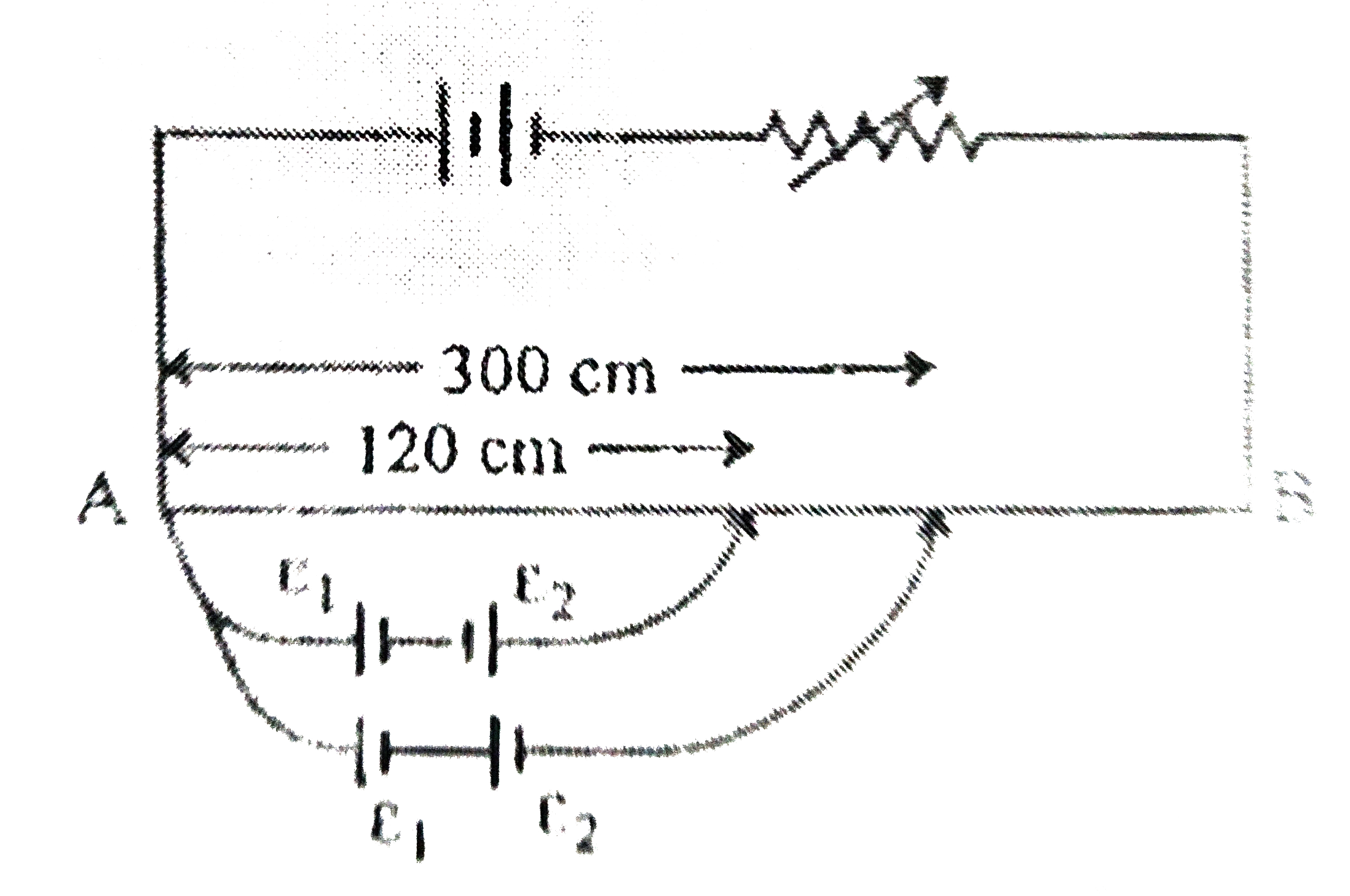 In the figure a long uniform potentiometer wire AB is having a constant potential gradient along its length. The null points for the two primary cells of emfs epsilon(1)