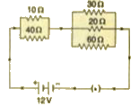 बगल में दिये परिपथ आरेख में, 10 Omega, 40 Omega, 30 Omega, 20 Omega