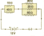 बगल में दिये परिपथ आरेख में, 10 Omega, 40 Omega, 30 Omega, 20 Omega