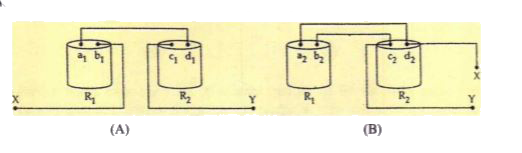 दो विद्यार्थी (A) तथा (B) दिए गए अपने दो प्रतिरोधकों R(1)  तथा R(2)  नीचे दर्शाए ढंग से संयोजित करते हैं।        विद्यार्थी (A) टर्मिनलों जिन पर (b(1)) तथा (c(1)) अंकित है को नीचे दिए गए परिपथ के बिन्दुओं X तथा Y से संयोजित करता है, जबकि विद्यार्थी (B) टर्मिनलों जिन पर (d(2)) तथा (c(1)) अंकित हैं नीचे दिए गए परिपथ के बिन्दुओं X तथा Y से संयोजित करता है।      तब हम कह सकते हैं कि :