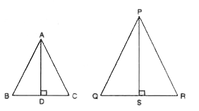 दी गई आकृति में,  Delta ABC तथा  Delta PQR समद्विबाहु त्रिभुज हैं, जिनमें /A = / P  हैं।  यदि  क्षेत्रफल 
(
Δ
A
B
C
)
:
 क्षेत्रफल 
(
Δ
P
Q
R
)
= (9)/( 16) हो, तो   AD/ PS का मान ज्ञात करें