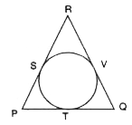 चित्र में दिए गए त्रिभुज POR की परिमाप ज्ञात करें, यदि PT =16 सेमी, RS =8 सेमी. और QV= 8 सेमी. है।