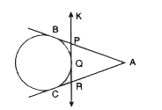 दिए गए चित्र में, वृत्त पर बाह्य बिंदु A से दो स्पर्श रेखाएं खींची गई जो बिंदु B एवं C पर वृत्त को स्पर्श करती हैं । से एक तीसरी स्पर्श रेखा खींची जाती है, जो AB, AC को P, R बिंदु पर प्रतिच्छेद करती है, तथा वृत्त को Q बिंदु पर स्पर्श करती है। यदि AB= 20 इकाई हो तो triangleAPR का परिमाप ज्ञात करें।