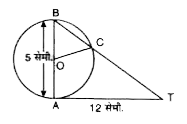 O केंद्र वाले एक वृत्त का व्यास AB=5 सेमी है यदि AT स्पर्श रेखा 12 सेमी हो तो CT की लम्बाई ज्ञात कीजिये।