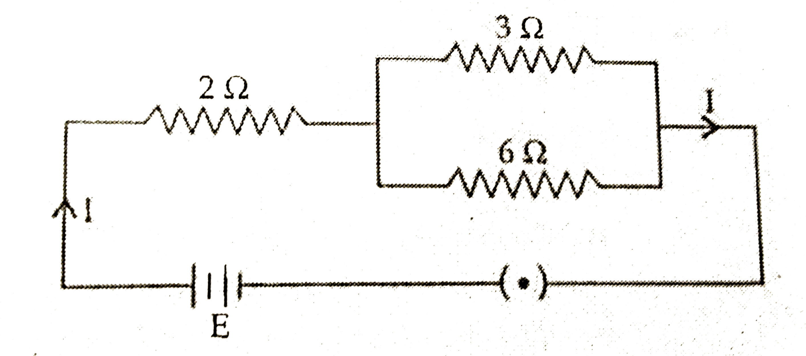 In the given electric circuit if the current flowing through 3 Omega resistor is 1 A, find the voltage of the battery and the current I drawn from it.