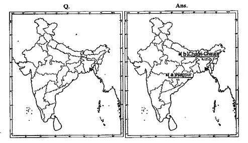 (A) Locate and label the place on the given outline political map of India:    (a) The place where the Indian National Congress Session was held in December, 1920. 1    (b) The place where 22 policemen were burnt forcing Gandhiji to call off the Non cooperation Movement.        (B) The following features are to be located and labelled on the given India political  outline map:    (a) Bhadrawati – Iron and Steel Plant    (b) Beawar-Mica Mine    Identify the features marked on the same given India political map and write their, names:    (c) Nuclear Power Plant    (d) Major Sea Port       (a) Name the place where the Indian National Congress session was held in December,  1920.   (b) Name the place where 22 policemen were burnt forcing Gandhiji to call off the  Non-cooperation Movement.    (c) Name the nuclear plant located in Uttar Pradesh. (d) Name the iron and steel plant located in Chhattisgarh.  (e) Which is the southernmost sea port of India?