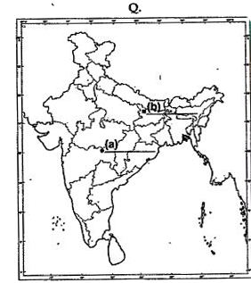 Two features ' a ' and ' b ' are marked on the given political outline map of India Identify these features with the help of the following information and write their correct names on the lines marked near them :   (a) The place where the Indian National Congress Session was held in December 1920 .   (b) The place where the Movement of Indigo Planters  took place.