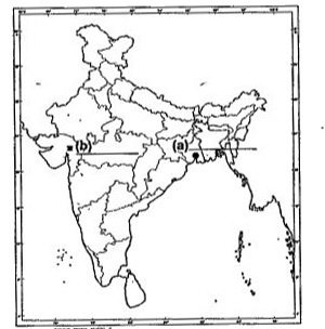 Two features 'a' and 'b' are marked on the given political outline map of India.   Identify these features with the help of the following information and write their correct names on the lines marked near them:   (a) The place where Indian National Congress Session was held in 1920    (b) The place where the Peasants' Satyagraha was started