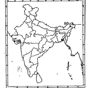 The following fratures are to be located and labelled on the given India political outline map :   (a) Meenam Bakkam - International Airport   (b) Salal Dam   Identify the features marked on the sma egiven India poltical map and write their names :   (c ) An Oil Field   (d) Terminal Station of East- West Corridor
