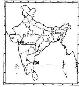Two features a and b are marked on the given political outline map of India. Identify these features with the help of the following information and write their correct names on the lines marked near them:   a. The place associated with the Civil Disobedience Movement 1930.   b. The place wher the Indian National Congress Session was held in 1927.