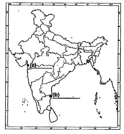 Two features 'a' and 'b' are marked on the given political outline map of India. Identify these features with the help of the following information and write their correct names on the lines marked near them:   (a) The place where the Civil Disobedience Movement started.   (b) The place where the Indian National Congress Session was held in 1927.