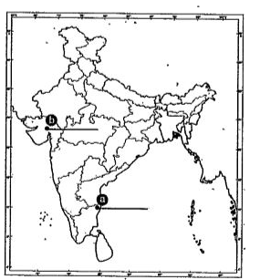 (A) Two features 'a' and 'b' are marked on the given political outline map of India.  Identify these features with the help of the following information and write their correct names on the lines marked near them:   (a) The place where the Indian National Congress Session was  held.    (b) The place where Gandhiji  organized 'Satyagraha' in favour of cotton mill workers.    (B) Locate and label the following with appropriate symbols on the same : given outline political map of India.   (i) Raja Sansi - International  Airport    (ii) Bhadravati -Iron and Steel Plant    (iii) Software Technology Park of West Bengal