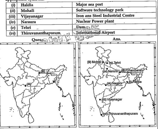 (a) Two places 'A' and 'B' are marked on the given political outline map of India. Identify them and write their correct names on the lines drawn near them. 2 (A) The place where the Indian National Congress Session was held. (B) The place where Indigo Planters organized Satyagraha. (b) On the same outline Map of India, locate and label any four of the following with appropriate symbols:       Name the Software Technology Park located in Gujarat.