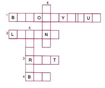 Complete the crossword using the clues given below.     Clues across :    1. Plant that bears buds in leaves for propagation.    2. The flattened green part of leaf.   3. Underground plant part.   4. Structure that develops into flower.    Clues down :    5. The central big vein of a leaf.    6. A modification seen in cactus.