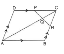 A parallelogram ABCD has P the mid-point of DC and Q a midpoint of AC such that CQ = (1)/(4) AC. PQ produced meets BC at R. Prove that:        R is the mid-point of BC