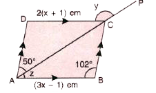 In the given figure, ABCD is a parallelogram. Find the values of x, y and z