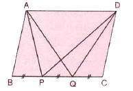 In parallelogram ABCD, points P and Q lie on side BC and trisect it. Prove that :   ar.(DeltaAPQ)=ar.(DeltaDPQ)   =(1)/(6)xxar. (Parallelogram ABCD)