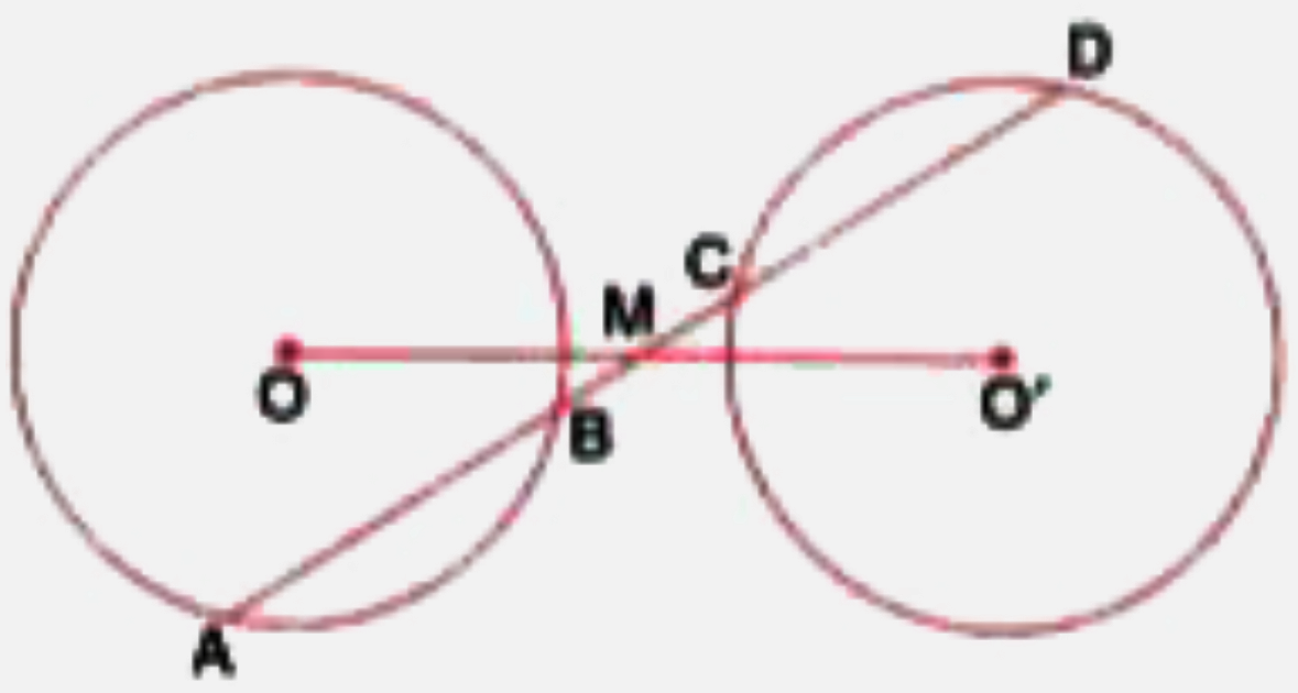 A straight line is drawn cutting two equal circles and passing through the mid-point M of the line joining their centres O and O'.  >   Prove that the chords AB and CD, which are intercepted by the two circles, are equal.