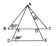 In the following figure , AB = BC and AD = DE.    if  angle B = 50^(@)  , angle D = 66^(@)  and angle GAC = 18^(@)   find the measure of angles DAE, BAF  and AGF.