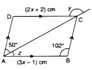 The following figure shows a  parallelogram ABCD. Use the given informations to find the values of x, y and z.