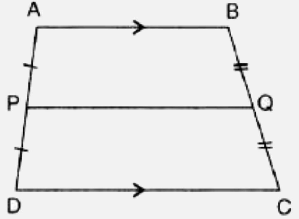 In the figure , given below. ABCD is a trapezium in which AB /DC , P is mid- point of AD and Q is mid-point of Bc.   Write a relations connecting AB , PQ and DC.    (ii)  Find DC. If AB = 16 cm and PQ = 23 cm
