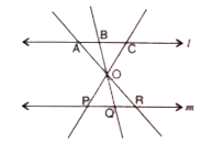 In the given figure, lines l and m are parallel. Three concurrent lines through point O meet line l at points A, B and C, and line m at points P, Q and R as shown. Prove that : (AB)/(BC) = (QR)/(PQ)