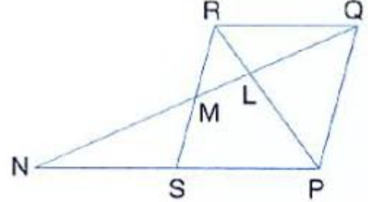 In the figure, PQRS is a parallelogram with PQ = 16 cm and QR = 10 cm. L is a point  on PR such that RL : LP = 2:3. QL produced meets RS at M and PS produced at N.   Find the lengths of PN and RM.