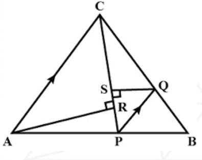 In the given figure, P is a point on AB such that AP : PB = 4: 3. PQ is parallel to AC.      Calculate the ratio PQ : AC, giving reason for your answer.