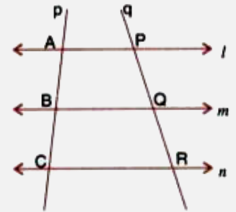 In the following diagram, lines l, m and n are parallel to each other. Two transversals p and q intersect the parallel lines at points A, B, C and P, Q, R as shown.       Prove that : (AB)/(BC) = (PQ)/(QR)   Join A and R. Let AR meets BQ at point D.
