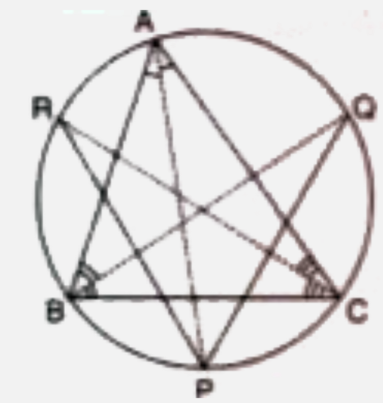 The given figure shows a triangle ABC with  angle BAC= 56 ^(@)  and angle ABC = 64^(@)  , Bisectors  of angles A,B and C meet the circumcircle of the Delta ABC  at points P,Q and R respectively . Find the measure of angle QPR .