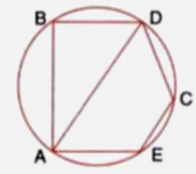 In the given figure , BD is a side of a regular hexagon. DC is a side of a regular pentagon and AD is a diameter , Calculate:    (i)  angle ADC ,    (ii)  angle BDA    (iii)  angle ABC    (iv)  angle AEC