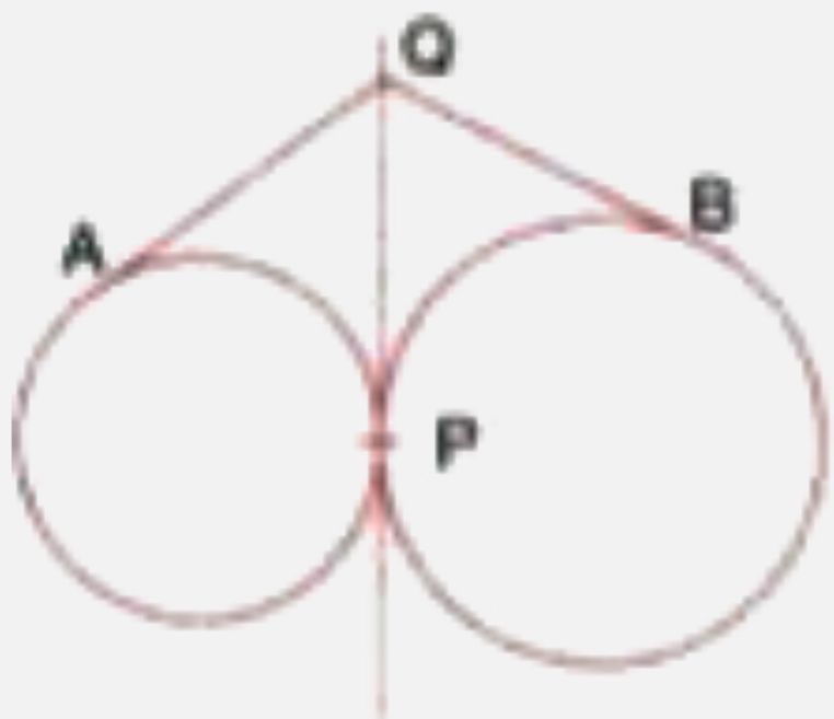 Two circles touch each other externally at point P. Q is a point on the common tangent through P. Prove that the tangents QA and QB are equal.