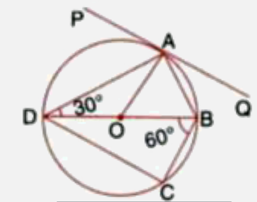 In the following figure PQ is the tangent to the circle at A, DB is the diameter and O is the centre of the circle. If /ADB=30^(@) and /CBD=60^(@). Calculate :      (i) /QAB   (ii) /PAD   (iii) /CDB