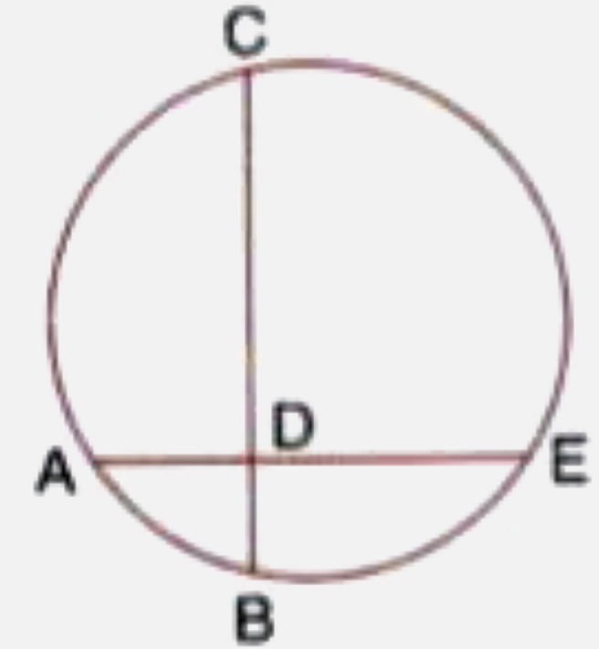 In the figure chords AE and BC intersect each other at point D   (i) If /CDE=90^(@)   AB=5cm   BD=4cm and CD=9 cm   find DE      (ii) If AD=BD, show that AE=BC