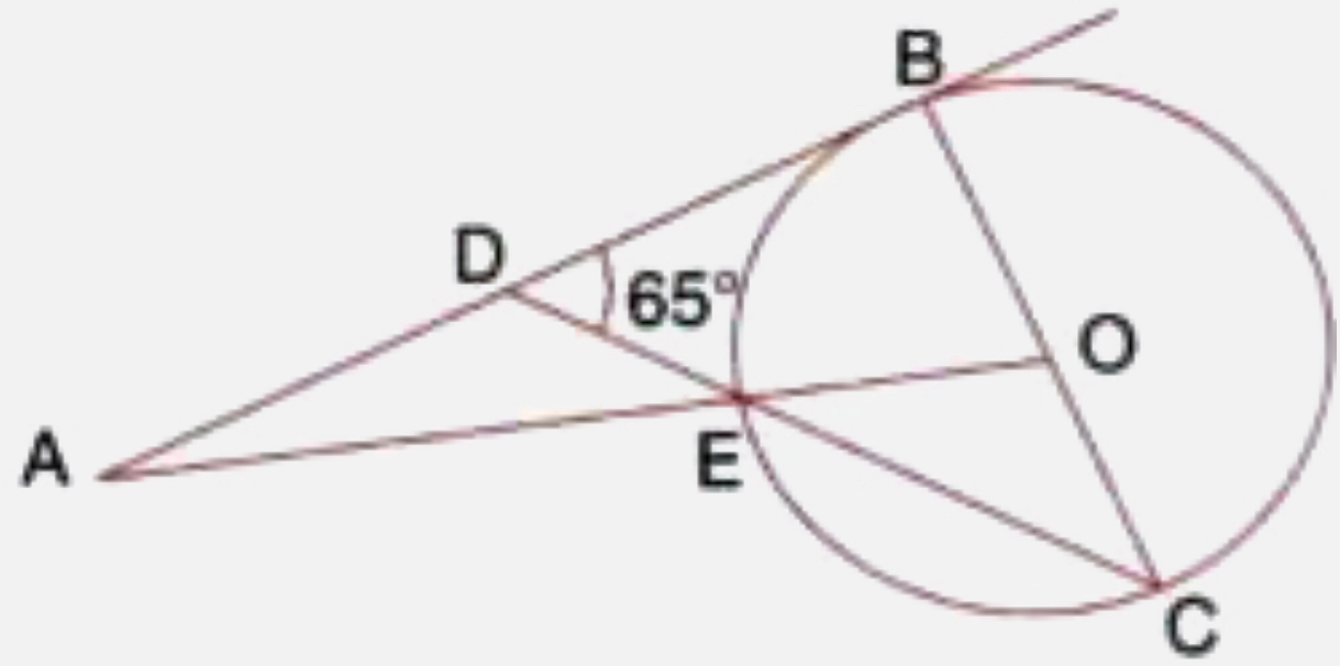 In the adjoining figvure O is the centre of the circle and AB is a tangent to it at point B.   /BDC=65^(@). Find /BAO
