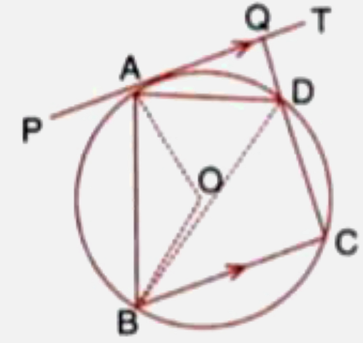 In the given figure PAT is tangent to the circle with centre O, at point A on its circumference and is parallel to chord BC. If CDQ is a line segment show that      (i) /BAP=/ADQ   (ii) /AOB=2/ADQ   (iii) /ADQ=/ADB