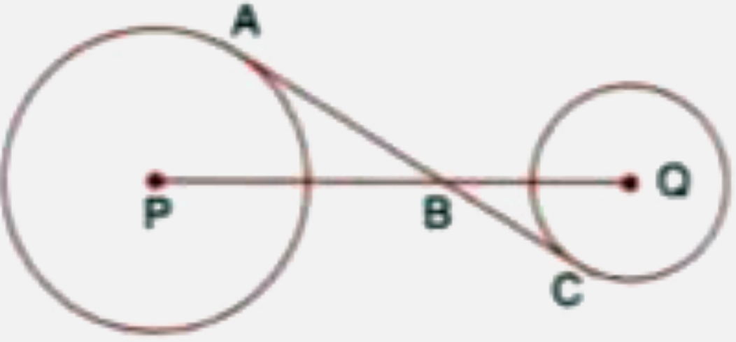 In the figure given below, AC is a transverse common tangent to two circles with centres P and Q and of radii 6 cm and 3 cm respectively.      Given that AB=8 cm calculate PQ.