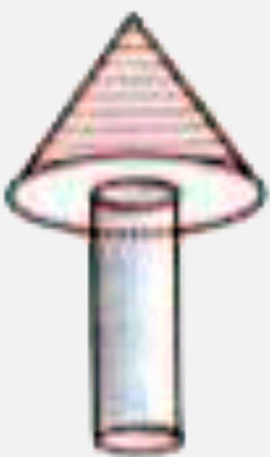 A wooden toy is in the shape of a cone mounted on a cylinder as shown alongside.   If the height of the cone is 24 cm, the total height of the toy is 60 cm and the radius of the base of the cone = twice the radius of the base of the cylinder = 10 cm, find the total surface area of the toy. Take pi = 3.14]