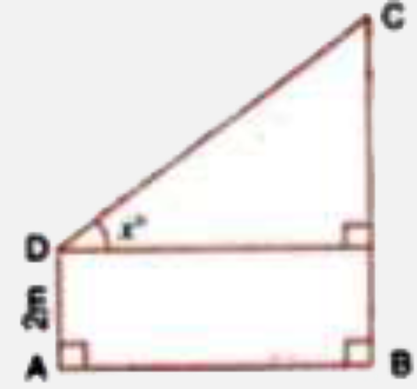 With reference to the given figure, a man stands on the ground at point A, Which is on the same horizontal plane as B, the foot of the  vertical pole BC. The height of the pole is 10 m . The man's eye is 2 m  above the ground. He observes the angle of elevation of C, the top of the pole, as x^(@) , where tan  x^(@) = (2)/(5) . Calculate :        angle of elevation of the top of the pole when he is standing 15 metres from the pole. Give  your answer to the nearest degree.