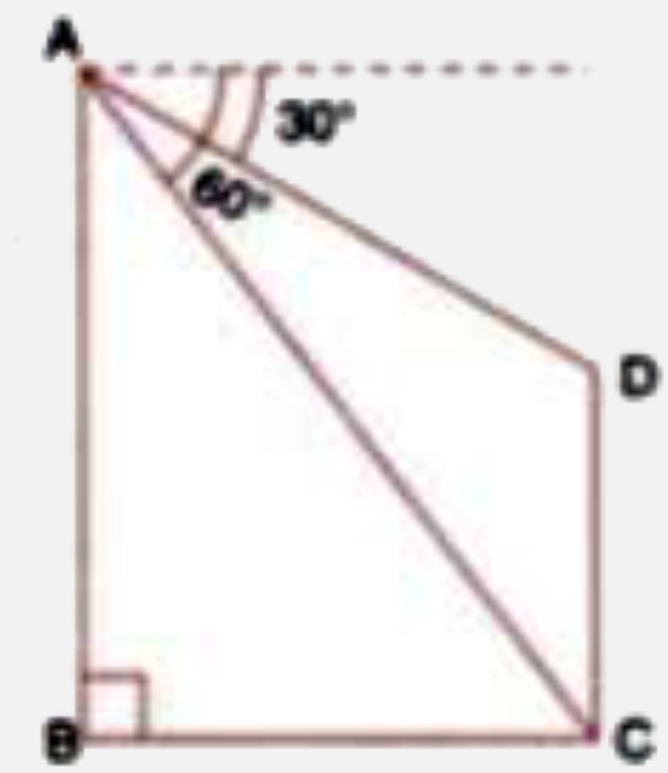 In the given figure, A from the top of a building AB = 60 m high, the angles of depression of the top and bottom of a vertical lamp post CD are observed to be 30^(@) and 60^(@) respectively. Find :       the horizontal distance between AB and CD