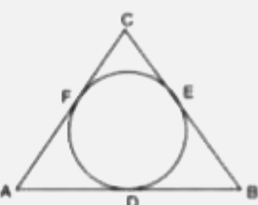 In the given figure, AB, BC and CA are tangents to the given circle. If AB= 12cm, BC= 8cm and AC= 10cm, find the length of AD, BE= CF